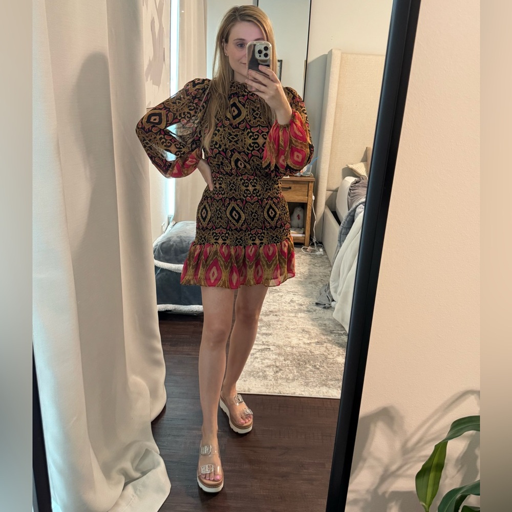 Bohemian Patterned Dress with Bell Sleeves - Picture 2 of 10
